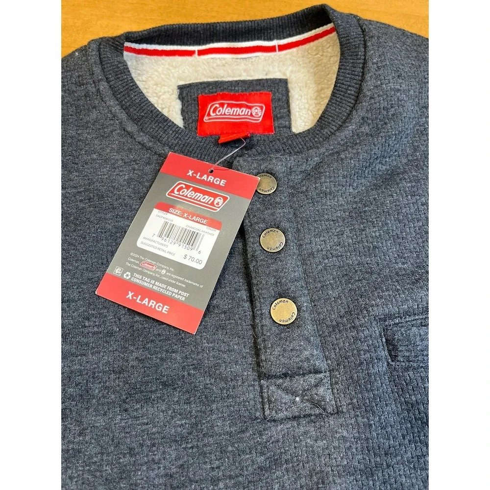 Coleman‎ Mens X-LARGE Gray Sherpa Lined Waffle Henley Shirt Chest Pocket NWT $70